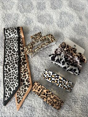 Leopard Print Hair Accessory Set - Neutral Brown & Black